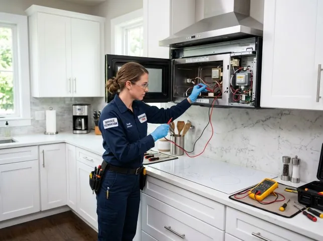 Appliance Repair Hero technician testing an over-the-range microwave in a Brownsburg, IN kitchen